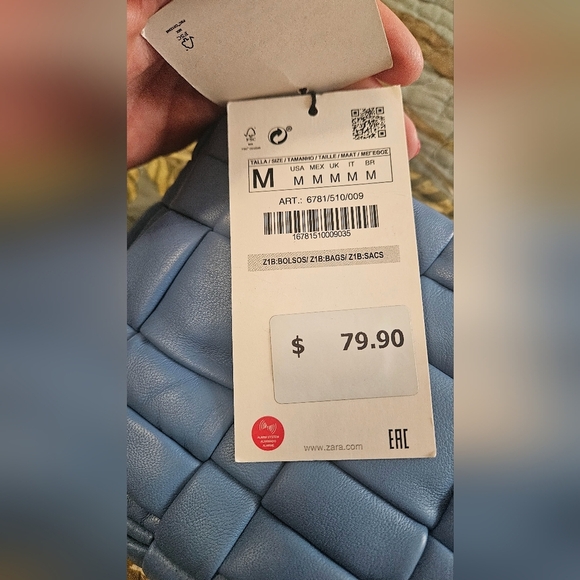 ZARA 100% Sheep Leather Quilted Crossbody Purse In Blue. NWT - Picture 6 of 16